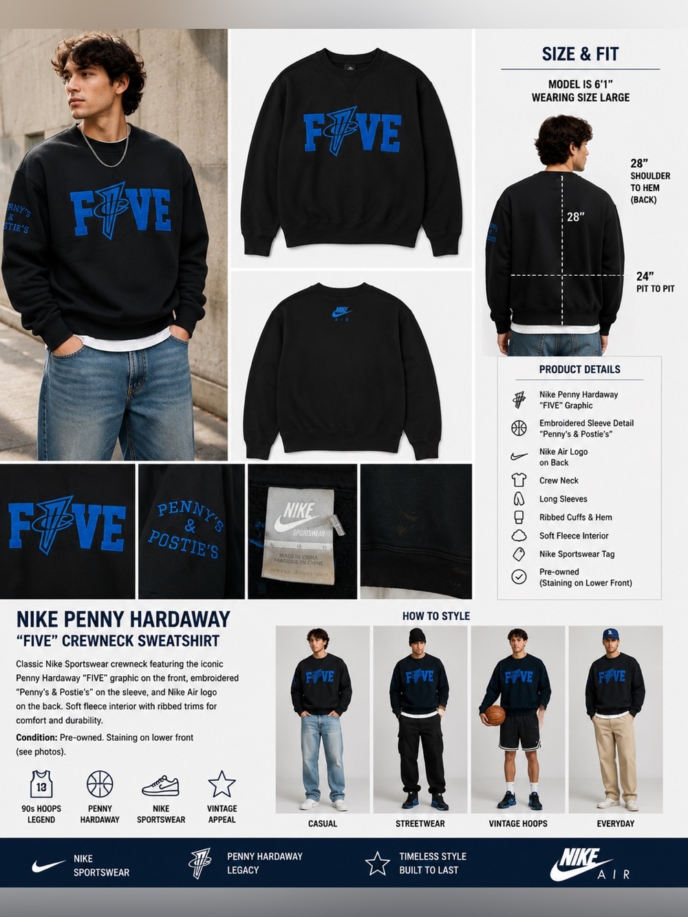 Nike Sportswear Penny Hardaway FIVE Crewneck Sweatshirt Black Blue Men's Large